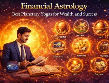 Financial astrology concept showing professional analyzing birth chart with zodiac wheel, planets like Jupiter Venus Mercury Sun Saturn, and wealth indicators.