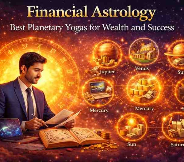 Financial astrology concept showing professional analyzing birth chart with zodiac wheel, planets like Jupiter Venus Mercury Sun Saturn, and wealth indicators.