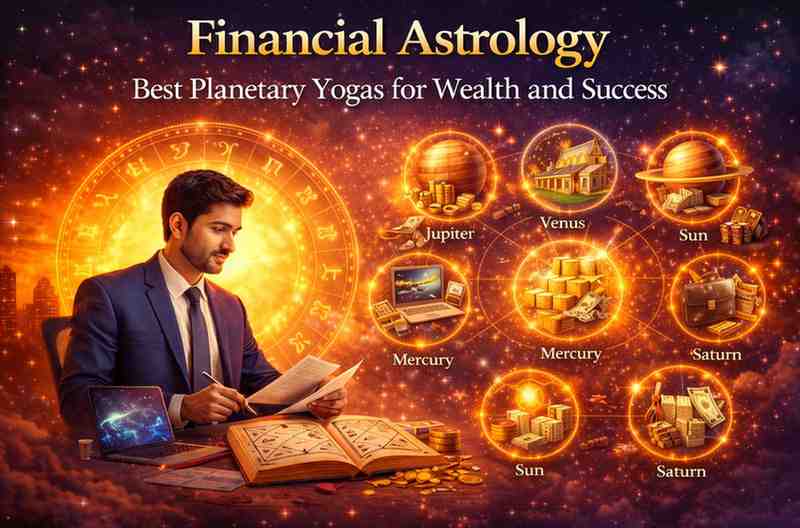 Financial astrology concept showing professional analyzing birth chart with zodiac wheel, planets like Jupiter Venus Mercury Sun Saturn, and wealth indicators.