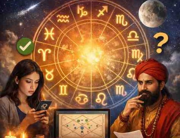 How accurate is online astrology concept showing zodiac wheel, Kundli chart, astrologer, and woman using mobile for astrological predictions