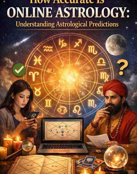 How accurate is online astrology concept showing zodiac wheel, Kundli chart, astrologer, and woman using mobile for astrological predictions