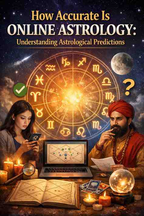 How accurate is online astrology concept showing zodiac wheel, Kundli chart, astrologer, and woman using mobile for astrological predictions