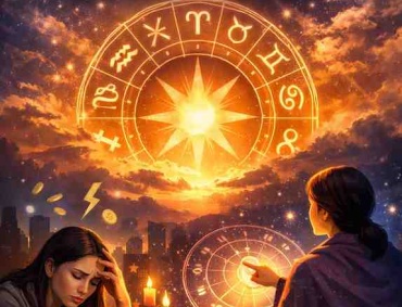 Astrology helps stress during difficult life phases with zodiac wheel, astrologer guidance, and emotional support illustration
