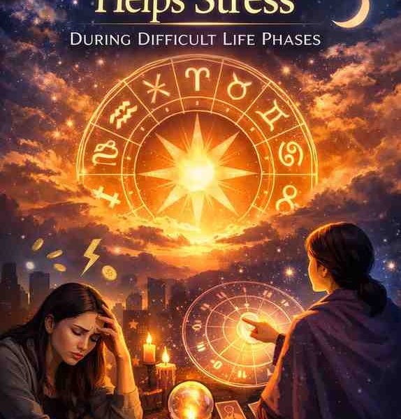 Astrology helps stress during difficult life phases with zodiac wheel, astrologer guidance, and emotional support illustration