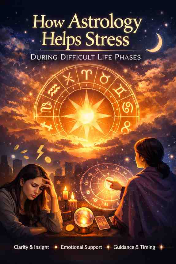 Astrology helps stress during difficult life phases with zodiac wheel, astrologer guidance, and emotional support illustration