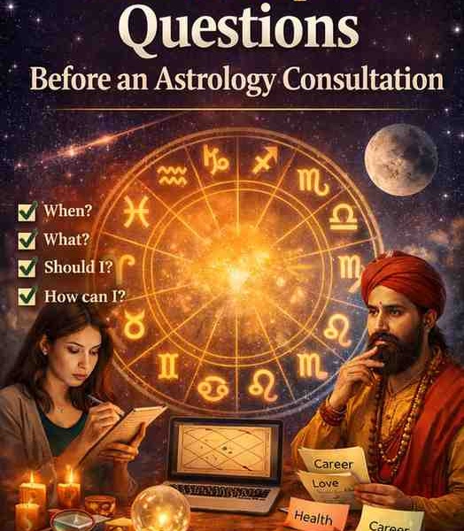How to prepare questions before an astrology consultation showing zodiac wheel, astrologer, woman writing questions, Kundli chart, and astrology tools