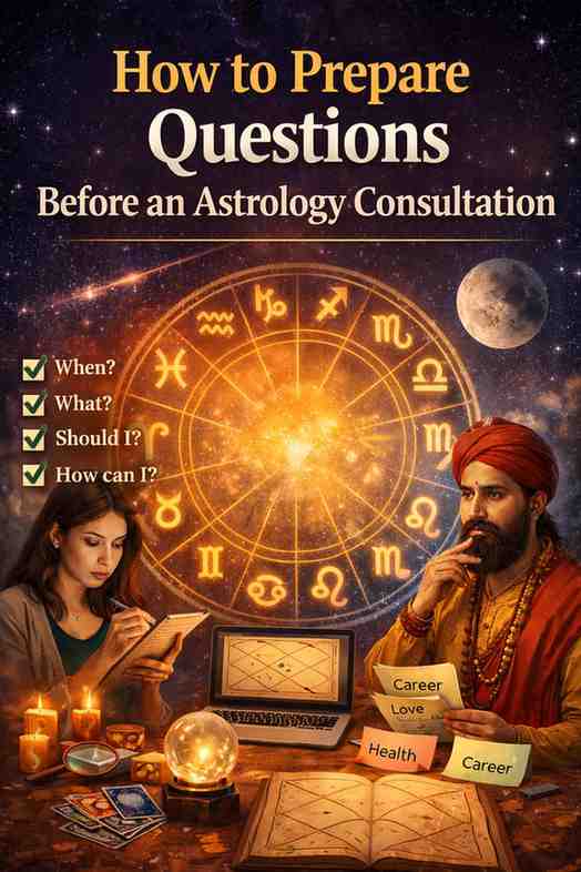 How to prepare questions before an astrology consultation showing zodiac wheel, astrologer, woman writing questions, Kundli chart, and astrology tools