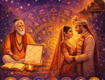 Kundli matching astrology illustration with bride and groom, astrologer, and Ashta Koota factors for marriage compatibility