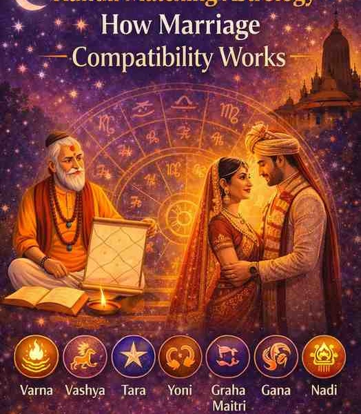 Kundli matching astrology illustration with bride and groom, astrologer, and Ashta Koota factors for marriage compatibility