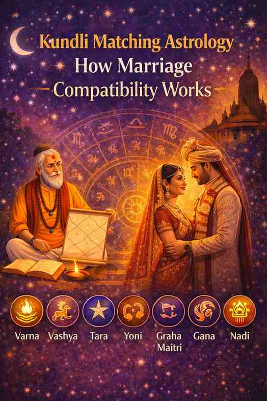 Kundli matching astrology illustration with bride and groom, astrologer, and Ashta Koota factors for marriage compatibility