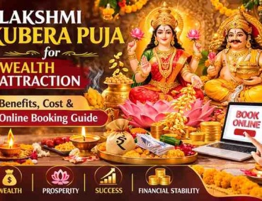 Lakshmi Kubera Puja for wealth attraction showing Goddess Lakshmi and Lord Kubera with gold coins, offerings, and prosperity symbols