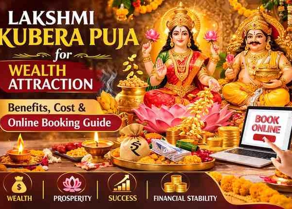 Lakshmi Kubera Puja for wealth attraction showing Goddess Lakshmi and Lord Kubera with gold coins, offerings, and prosperity symbols