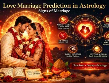 Love marriage prediction in astrology with romantic couple, zodiac wheel, birth chart, Venus Mars placement, and 5th and 7th house marriage signs.