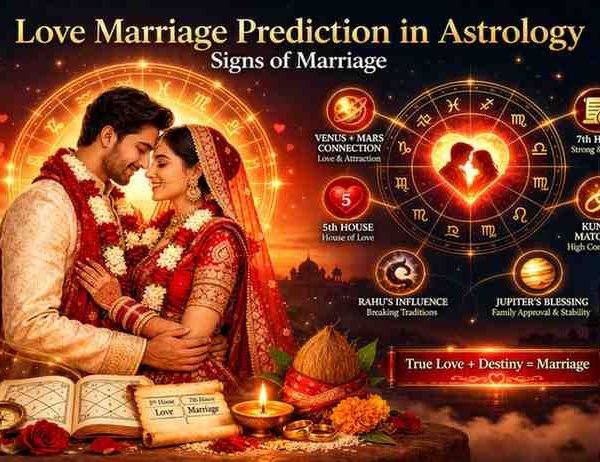 Love marriage prediction in astrology with romantic couple, zodiac wheel, birth chart, Venus Mars placement, and 5th and 7th house marriage signs.