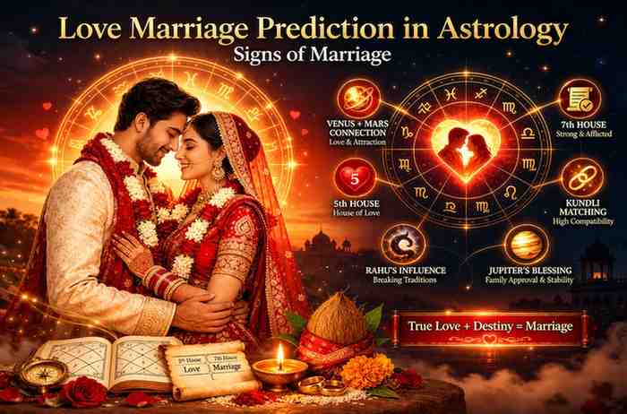 Love marriage prediction in astrology with romantic couple, zodiac wheel, birth chart, Venus Mars placement, and 5th and 7th house marriage signs.