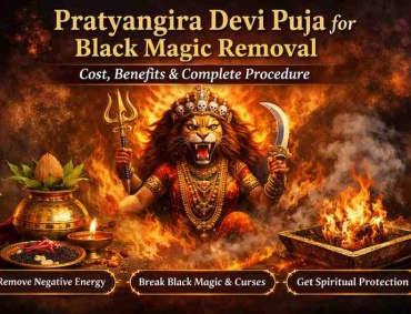 Pratyangira Devi Puja for Black Magic Removal ritual with sacred fire homam and Goddess Pratyangira idol