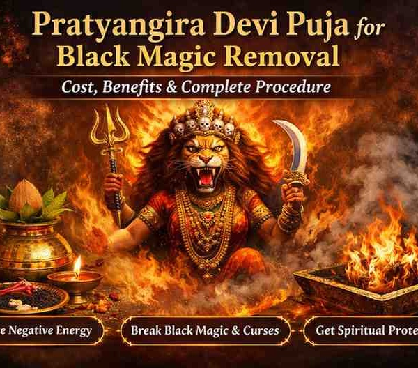 Pratyangira Devi Puja for Black Magic Removal ritual with sacred fire homam and Goddess Pratyangira idol