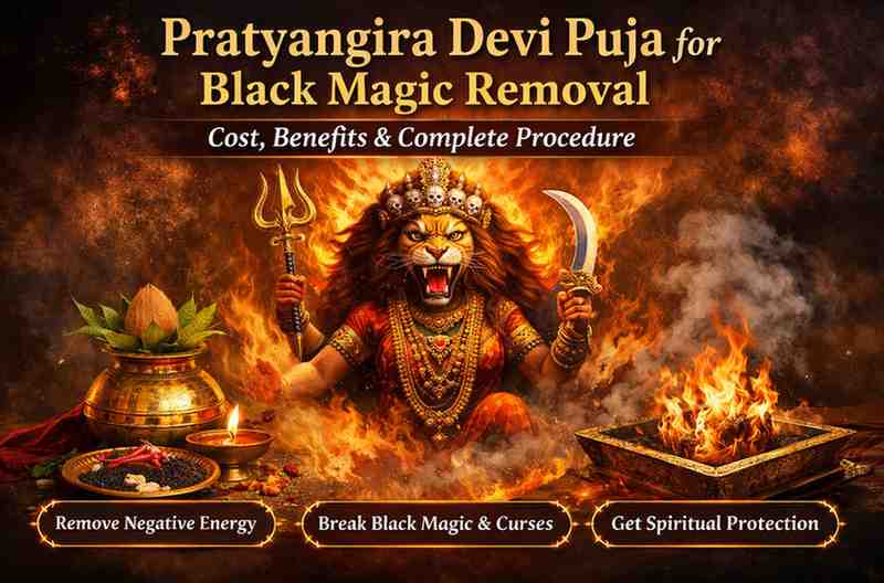 Pratyangira Devi Puja for Black Magic Removal ritual with sacred fire homam and Goddess Pratyangira idol