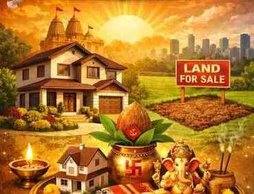 A vibrant illustration of property buying muhurat showing a house, land for sale sign, Lord Ganesha, and auspicious Hindu symbols during sunrise.