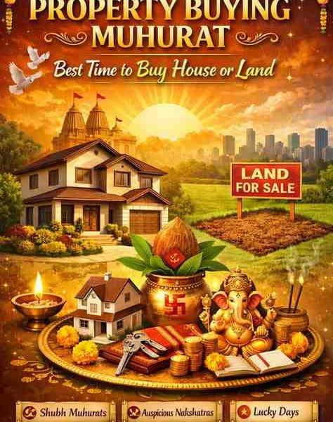 A vibrant illustration of property buying muhurat showing a house, land for sale sign, Lord Ganesha, and auspicious Hindu symbols during sunrise.