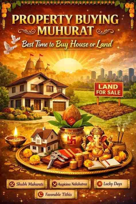 A vibrant illustration of property buying muhurat showing a house, land for sale sign, Lord Ganesha, and auspicious Hindu symbols during sunrise.