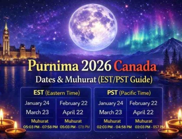 Purnima 2026 Canada dates and muhurat timings with full moon, EST and PST schedule, and night sky illustration