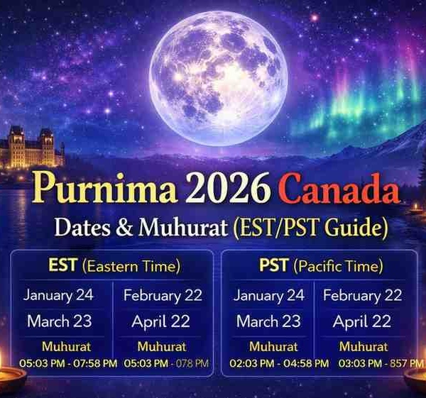Purnima 2026 Canada dates and muhurat timings with full moon, EST and PST schedule, and night sky illustration
