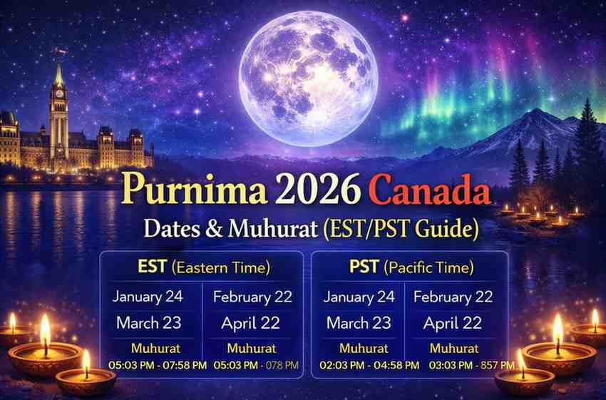 Purnima 2026 Canada dates and muhurat timings with full moon, EST and PST schedule, and night sky illustration