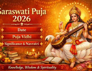 Saraswati Puja 2026 banner showing Goddess Saraswati playing veena, sitting on a lotus with a swan, books, diya lamps, and Navratri decorations.