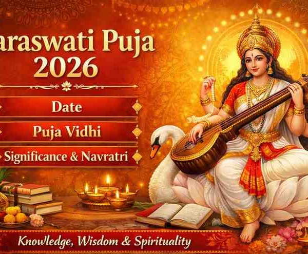 Saraswati Puja 2026 banner showing Goddess Saraswati playing veena, sitting on a lotus with a swan, books, diya lamps, and Navratri decorations.