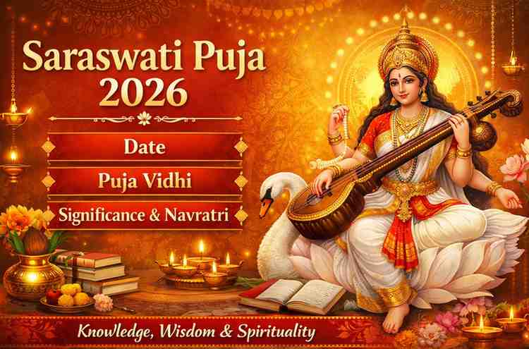 Saraswati Puja 2026 banner showing Goddess Saraswati playing veena, sitting on a lotus with a swan, books, diya lamps, and Navratri decorations.