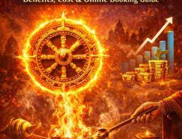 Sudarshan Homa for business growth ritual with sacred fire, Sudarshan Chakra, and offerings symbolizing prosperity and business success