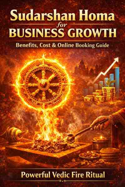 Sudarshan Homa for business growth ritual with sacred fire, Sudarshan Chakra, and offerings symbolizing prosperity and business success