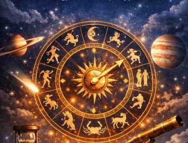 Astrological timing concept with zodiac clock, planets, hourglass, telescope, and cosmic background representing life opportunities