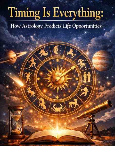 Astrological timing concept with zodiac clock, planets, hourglass, telescope, and cosmic background representing life opportunities