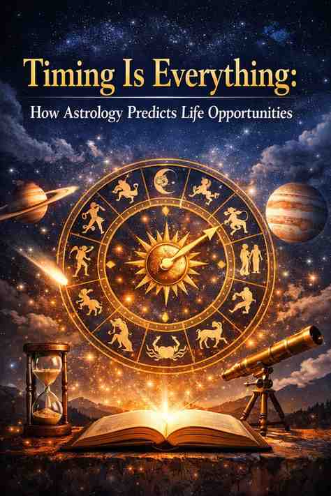 Astrological timing concept with zodiac clock, planets, hourglass, telescope, and cosmic background representing life opportunities