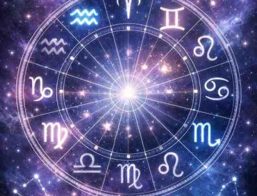 Mystical zodiac wheel with glowing symbols highlighting Aquarius, Gemini, Virgo, and Scorpio against a deep blue and purple cosmic galaxy background with bright constellations