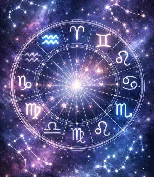 Mystical zodiac wheel with glowing symbols highlighting Aquarius, Gemini, Virgo, and Scorpio against a deep blue and purple cosmic galaxy background with bright constellations