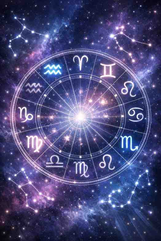 Mystical zodiac wheel with glowing symbols highlighting Aquarius, Gemini, Virgo, and Scorpio against a deep blue and purple cosmic galaxy background with bright constellations