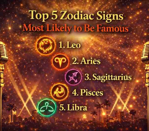 Top 5 zodiac signs most likely to be famous featuring Leo, Aries, Sagittarius, Pisces, and Libra with spotlight and stage background