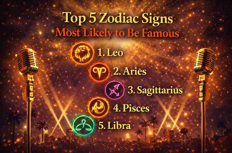Top 5 zodiac signs most likely to be famous featuring Leo, Aries, Sagittarius, Pisces, and Libra with spotlight and stage background