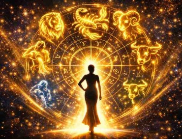 Luxury astrology illustration with glowing zodiac wheel highlighting Leo, Scorpio, Aries, Taurus, and Aquarius with a spotlight silhouette symbolizing fame and success