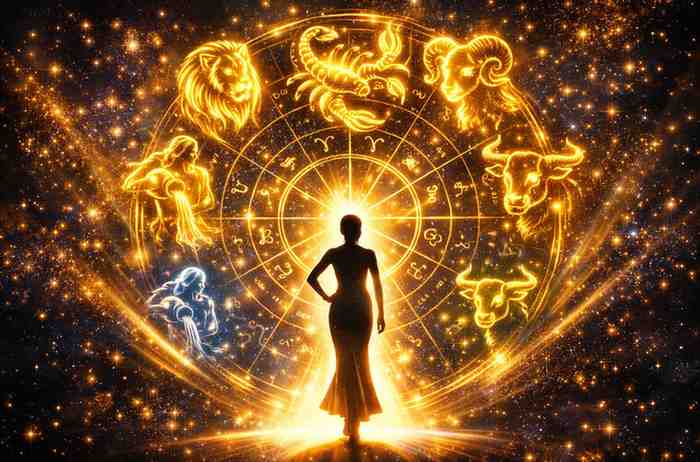 Luxury astrology illustration with glowing zodiac wheel highlighting Leo, Scorpio, Aries, Taurus, and Aquarius with a spotlight silhouette symbolizing fame and success