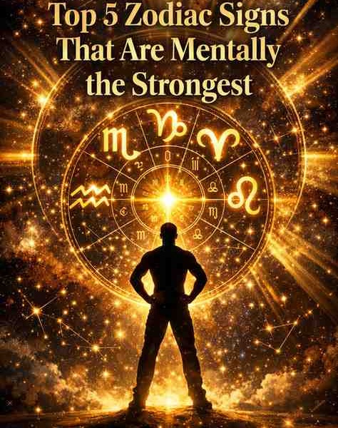 Top 5 mentally strongest zodiac signs illustration with glowing zodiac wheel and powerful silhouette