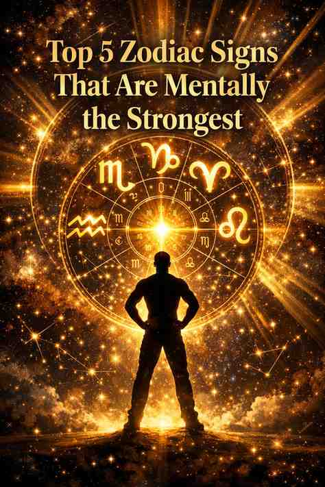 Top 5 mentally strongest zodiac signs illustration with glowing zodiac wheel and powerful silhouette