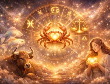 Kind-hearted zodiac signs illustration with Pisces, Cancer, Libra, Taurus, and one more glowing in a cosmic background.