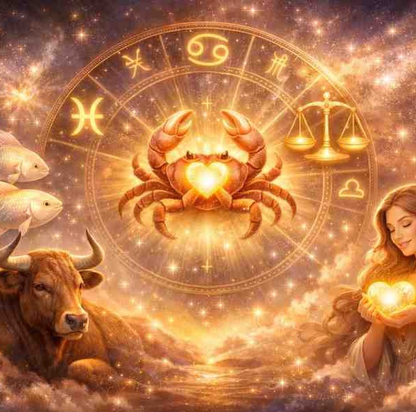 Kind-hearted zodiac signs illustration with Pisces, Cancer, Libra, Taurus, and one more glowing in a cosmic background.
