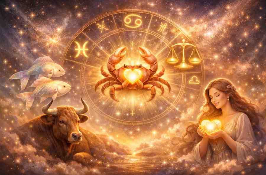 Kind-hearted zodiac signs illustration with Pisces, Cancer, Libra, Taurus, and one more glowing in a cosmic background.