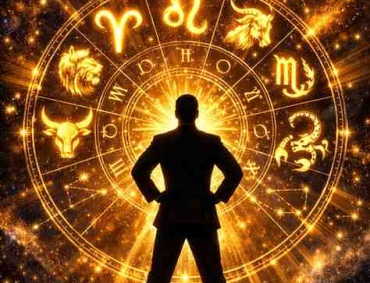 Top 5 zodiac signs that make the best leaders featuring Aries, Leo, Capricorn, Scorpio, and Taurus in a glowing golden zodiac wheel with a powerful leader silhouette