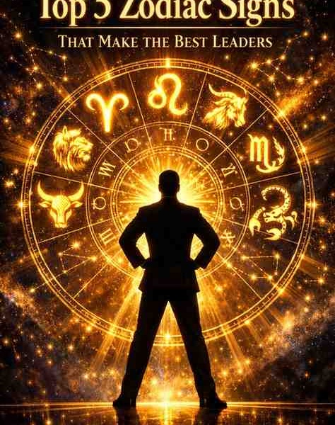 Top 5 zodiac signs that make the best leaders featuring Aries, Leo, Capricorn, Scorpio, and Taurus in a glowing golden zodiac wheel with a powerful leader silhouette